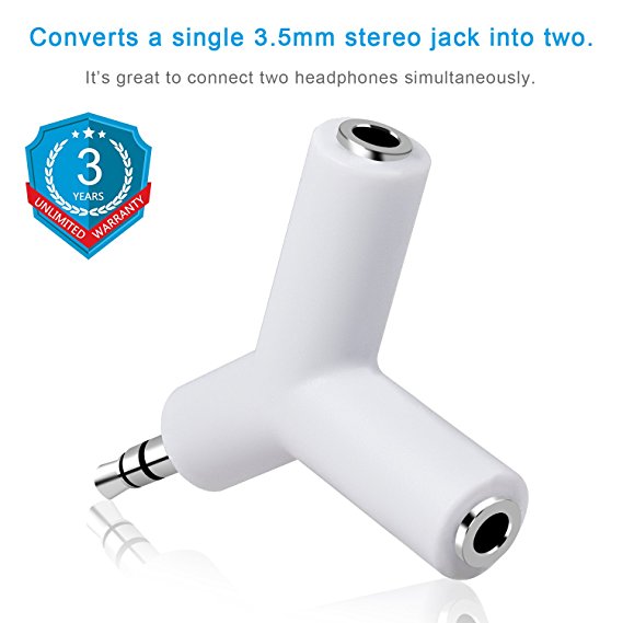 Headphone Splitter, Headset adapter, Audio jack Splitter, with Separate Headphone plugs only for Music Share, No Mic, Compatible with Smartphones, Tablets, MP3 players, Media Players, IPod, White
