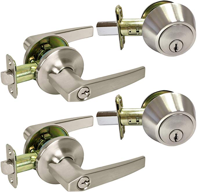 2 Pack of Contemporary Lever Keyed Entry Door Locks with Single Cylinder Deadbolts Combo, Satin Nickel