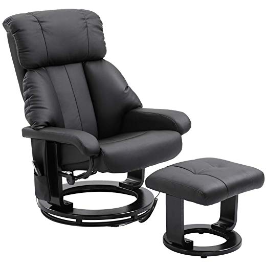 HOMCOM PU Leather Massage Swivel Recliner Chair and Ottoman with Bentwood Base - Black