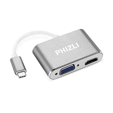 USB-C To HDMI VGA Adapter,Phizli 2 in 1 USB 3.1 Type C To VGA HDMI UHD Converter Adaptor Dual Screen Display With Aluminium Case For MacBook ChromeBook Pixel
