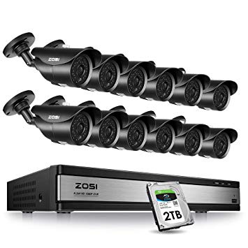 ZOSI 16CH 1080p Security Cameras System 16Channel 1080P Video Recorder with 2TB Hard Drive and 12pcs 1080P HD Outdoor Indoor CCTV Bullet Cameras 120ft Long Night Vision Easy Remote Access