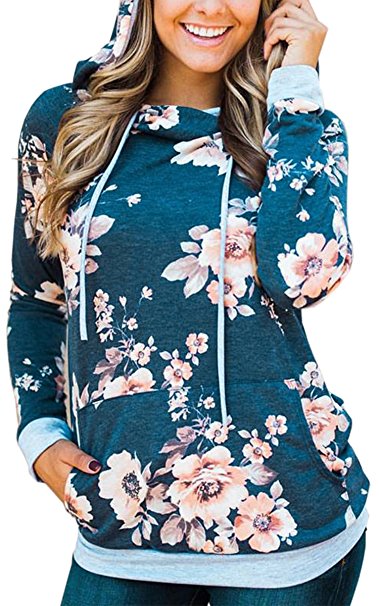 Angashion Women Hoodies-Tops- Floral Printed Long Sleeve Pocket Drawstring Sweatshirt With Pocket