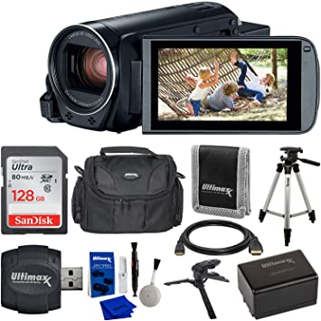 Canon VIXIA HF R800 Camcorder (Black) & 9PC Starter Accessory Bundle - Includes: SanDisk Ultra 128GB SDXC Memory Card   Extended Life BP727 Spare Battery (3000mAh)   57” Lightweight Tripod   More