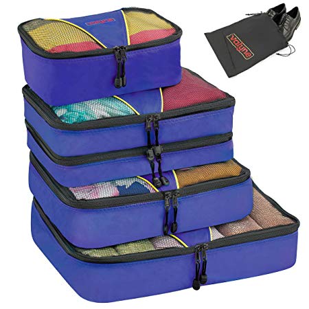 Valyne Packing Cubes 4-pcs Set, Luggage Travel Accessories Organizer Bags with a Free Laundry/shoe Bag (Medium Bag Double Compartment) (Dark Blue)