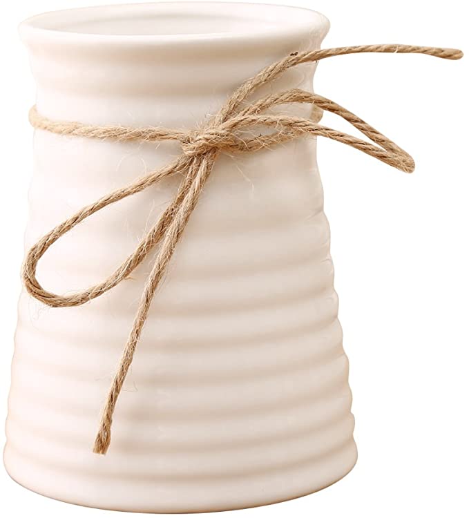 Anding 5.7inches Modern Ribbed Design Small White Ceramic Decorative Tabletop Centerpiece Vase/Flower Pot