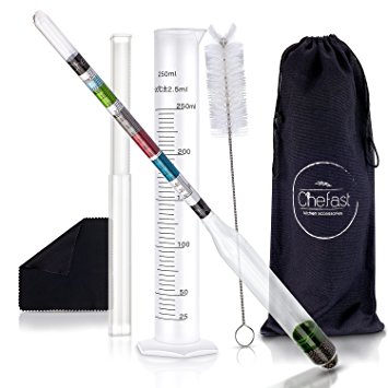 Chefast Hydrometer & Test Jar for Wine, Beer, Mead and Kombucha - Combo Set of Triple-Scale Hydrometer, 250ml Plastic Cylinder, Cleaning Brush, Cloth and Storage Bag - ABV, Sugar and Gravity Test Kit