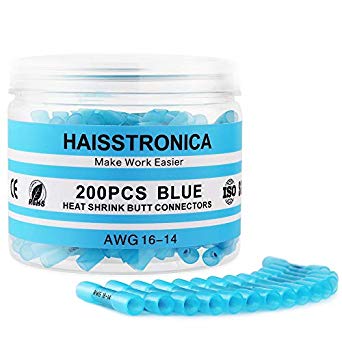 haisstronica 200PCS Blue Heat Shrink Butt Connectors 16-14 Gauge-Insulated Waterproof Butt Connectors Wire Connectors Automotive -Butt Splice Connectors