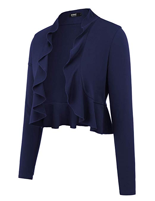 bosbary Women's Open Front Cropped Cardigan Long Sleeve Casual Shrugs Jacket Draped Ruffles Lightweight Sweaters