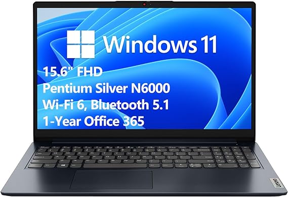 Lenovo IdeaPad 1 Laptop Computer, 15.6" FHD Display, Intel Pentium Silver N6000 CPU, 8GB DDR4 RAM, 256GB PCIe SSD, Intel UHD Graphics, WiFi 6, Bluetooth 5.1, 1-Year Office 365, Windows 11 S, Tichang