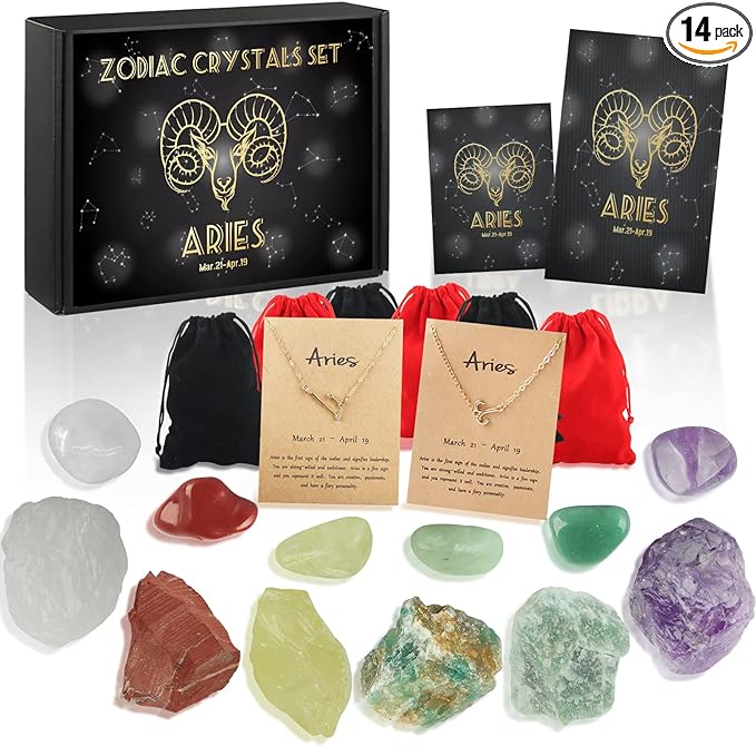 14pcs Aries Zodiac Crystals Gift Set Crystal and Healing Stones Star Sign Birthstones Astrology Witchcraft Christmas & Birthday Gifts for Women