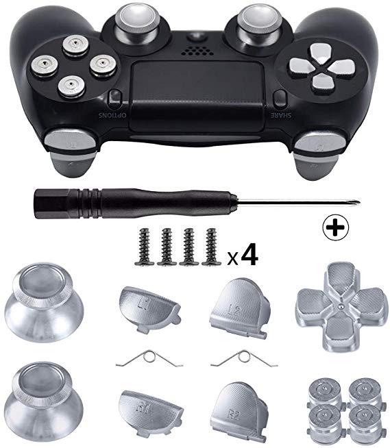 TOMSIN Metal Buttons for DualShock 4, Aluminum Metal Thumbsticks Analog Grip & Bullet Buttons & D-pad & L1 R1 L2 R2 Trigger for PS4 Controller Gen 1 (Silver)