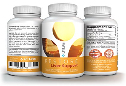 Restore Liver Support Milk Thistle— Standardized Silymarin Extract & Seed Complex for Maximum Liver Support - Detox, Cleanse & Maintain; Flush Toxins - Extra Strength 60 Tablets