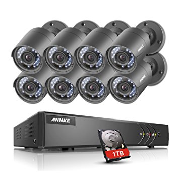 ANNKE 8CH Security Camera System 1080N DVR Reorder with 1TB Hard Drive and (8) HD 1280TVL Outdoor CCTV Cameras with IP66 Weather Proof and Motion Detection
