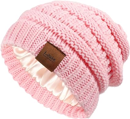 Kids Satin Lined Winter Hat Toddler Cable Knitted Beanie Silk Lined Thick Chunky Cap Soft Slouchy Warm Hat for Children