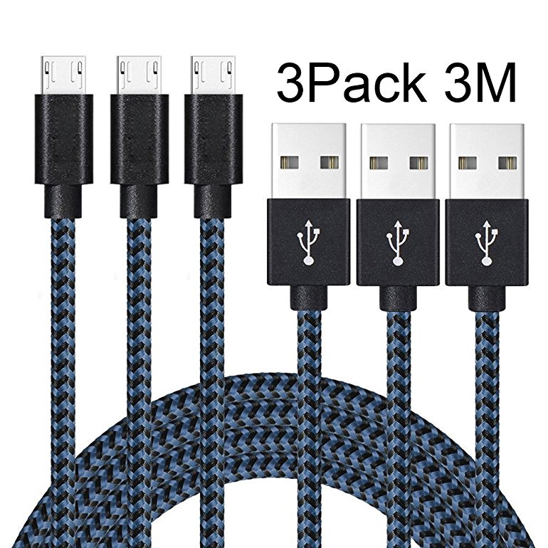 Vanzon® Micro USB Cable, 3Pack 3m/10ft Extra Long Premium Nylon Braided High Speed USB to Micro USB Cord Fast Android Charger Cable Lead for Samsung Galaxy S7 Edge/S6/S4/S3,Note 5/4,HTC,LG(Black Blue)