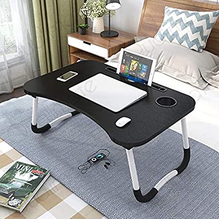 Qualimate Laptop Table Foldable Portable Adjustable Multifunction Study Lapdesk Table for Breakfast Bed Tray Office Work Gaming Watching Movie on Bed/Couch/Sofa/Floor with Cup Slot (Black)