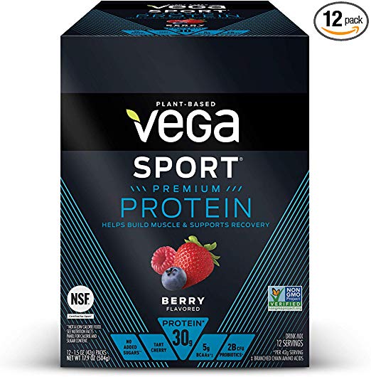 Vega Sport Protein Powder Berry (12 Count, 17.9 Ounce) - Plant-Based Vegan Protein Powder, BCAAs, Amino Acid, tart cherry, Non Dairy, Keto-Friendly, Gluten Free,  Non GMO (Packaging May Vary)