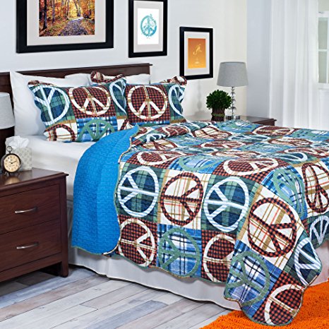 Lavish Home 3-Piece Peace Quilt Set, King, Brown/Blue