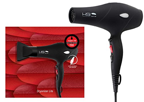 HSI Dryonizer Lite Lightweight Ceramic Blow Dryer | Fast Drying, Easy Holding, Better Air Pressure, & Less Noise | Incl 2 Airflow Nozzles, 1 Year Warranty   5ml Argan Oil