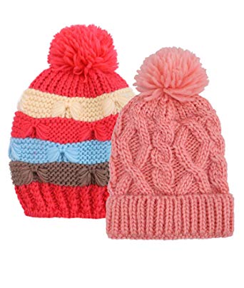 Arctic Paw Kids and Toddlers' Chunky Cable Knit Beanie with Yarn Pompom - Set of 2