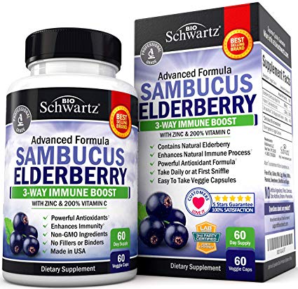 Sambucus Elderberry Capsules with Zinc & Vitamin C - Women & Men's Daily Herbal Supplement for Immune Support, Skin Health - Powerful Antioxidant - Natural Elderberries - 60 Day Supply - Veggie Caps