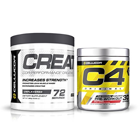 Cellucor Pre Workout & Creatine Bundle, C4 Original Pre Workout Powder, Fruit Punch, 30 Servings   Cor Performance Creatine Powder, 72 Servings