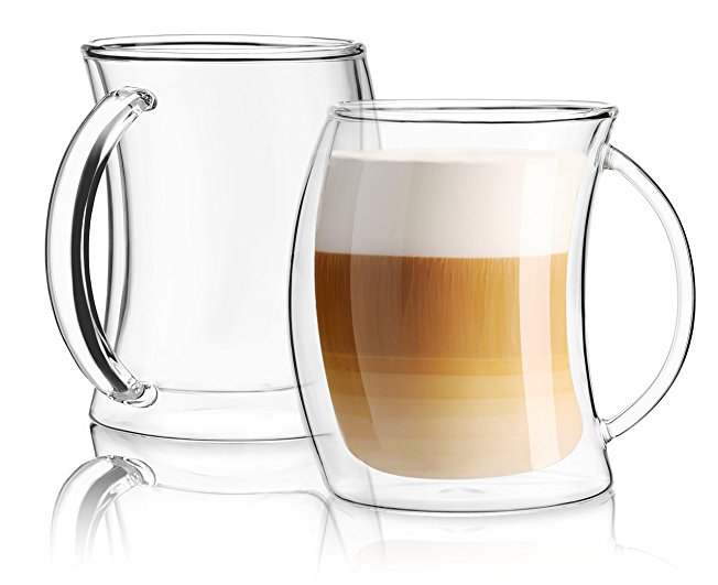 JoyJolt Caleo Collection Glass Coffee Cups Double Wall Insulated Mugs Set Of 2 Glasses (13 oz,390ml)