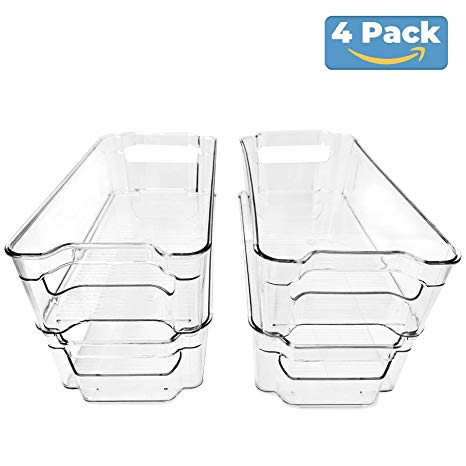 (4 Pack) Pantry and Refrigerator Organizer Bins for Kitchen and Cabinet Storage | Stackable Food Bins with Handles | BPA FREE Fridge and Freezer Containers | Clear
