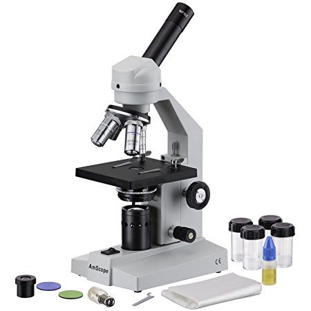 AmScope M500C Monocular Compound Microscope, WF10x and WF25x Eyepieces, 40x-2500x Magnification, Anti-Mold Optics, Tungsten Illumination, Brightfield and Polarizing, Abbe Condenser, Coarse and Fine Focus, Plain Stage, 110V
