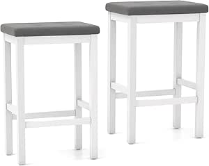 Giantex 24" Bar Stools Set of 2, Counter Height Stools w/Footrests, Solid Wood Support Legs, PVC Faux Leather Saddle Stools, Upholstered Barstools for Kitchen Island, Dining Room, Home Bar, White