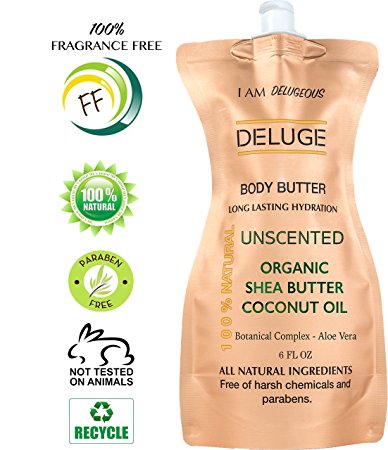 DELUGE - UNSCENTED BODY BUTTER, with Organic Shea Butter, Coconut Oil, Aloe Vera and Vitamin E. FRAGRANCE FREE BODY BUTTER