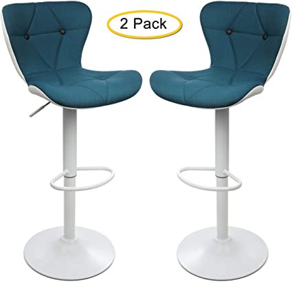 Adjustable Height Bar Stool Seat | Modern Airlift Swivel Barstool | Mid-Back Padded Chair for High Ergonomic Seating | Heavy Duty | Contemporary Metal Base | for Countertop Dining (Blue-White 2 Pack)
