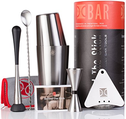 Bar Tool Set | 2 Piece Boston Cocktail Shaker, Japanese Jigger, Bar Spoon, Hawthorne Strainer, Muddler in Brushed Stainless Steel by The Elan Collective (6 Pieces)