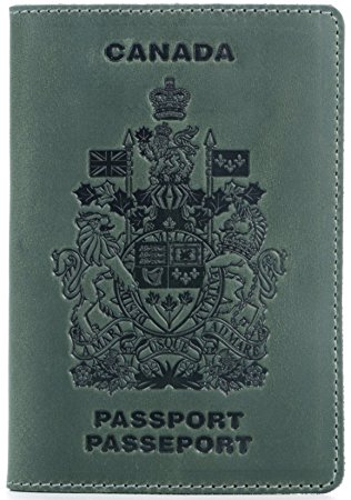 Shvigel Passport Cover - 100% Genuine Leather - Arms of Canada Embossing - for Men & Women - Passeport Holder - Modern Travel Document Case (Green Vintage)