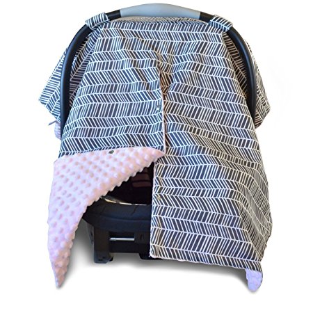 2 in 1 Carseat Canopy and Nursing Cover Up with Peekaboo Opening | Large Infant Car Seat Canopy for Girl | Best Baby Shower Gift for Breastfeeding Moms | Grey Herringbone Pattern and Soft Pink Minky