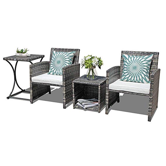 Orange Casual 4 Pieces Outdoor Wicker Patio Bistro Set Weather Resistant Patio Rattan Furniture Sets with 2 Side Tables for Garden Backyard Pool