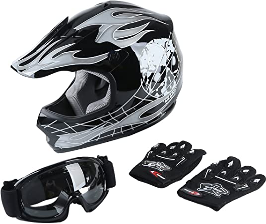 XFMT Youth Kids Motocross Offroad Street Dirt Bike Helmet Goggles Gloves Atv Mx Helmet Black Skull M