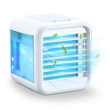 Portable Air Conditioner Fan, Personal Air Cooler with Icebox, USB Desk Fan with 3 Speeds, Evaporative Air Cooler for Home, Office & Outdoor Use, Air Humidifier, USB Charging, 7 Light Colors, Quiet