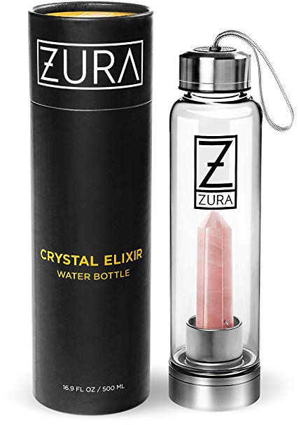 ZURA Rose Quartz Crystal Infused Water Bottle – 18 oz – Shatter-Resistant – Removable Crystal– Glass and Stainless Steel Includes Protective Sleeve