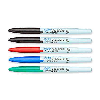 EXPO Vis-A-Vis Wet-Erase Overhead Transparency Markers, Fine Point, Assorted Colors, 5-Count