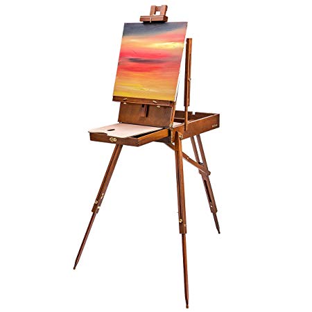 Bianyo Traveling French Style Wooden Art Easel & Sketchbox, Drawer & Palette Foldable Folding Portable Easel Case with Shoulder Strap Solid Beech Wood Construction Art Ease (Walnut)