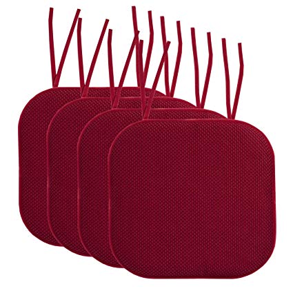 Sweet Home Collection Chair Cushion Memory Foam Pads with Ties Honeycomb Pattern Slip Non Skid Rubber Back Rounded Square 16" x 16" Seat Cover, 4 Pack, Wine Burgundy