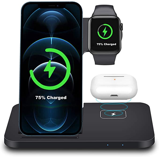 FDGAO Wireless Charger 3 IN 1 Wireless Charging Stand 15W Fast Charger Dock Station For Apple Watch SE/6/5/4/3/2; Airpods 2/Pro; Fast Charging for iPhone 12/12 Pro/11/XR/Xs/X/8; Samaung Galaxy S20