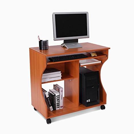 HomCom Wheeled Computer Cart - Cherry Wood