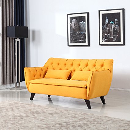 Mid Century Modern Tufted Linen Fabric Loveseat (Yellow)