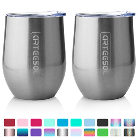 arteesol Coffee Cup - 12 oz Stainless Steel Travel Mug Coffee Mug - Double Wall Vacuum Insulated Tumbler with lid Fit for Coffee, Wine, Cocktails, Ice Cream (Simple Stainless, 2pcs)