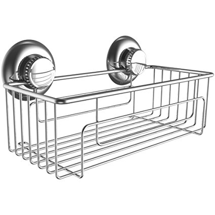 Gecko-Loc Shampoo Conditioner Holder Shower Caddy Stainless Steel with Suction Cup Deep Storage Basket and Shelf - Chrome