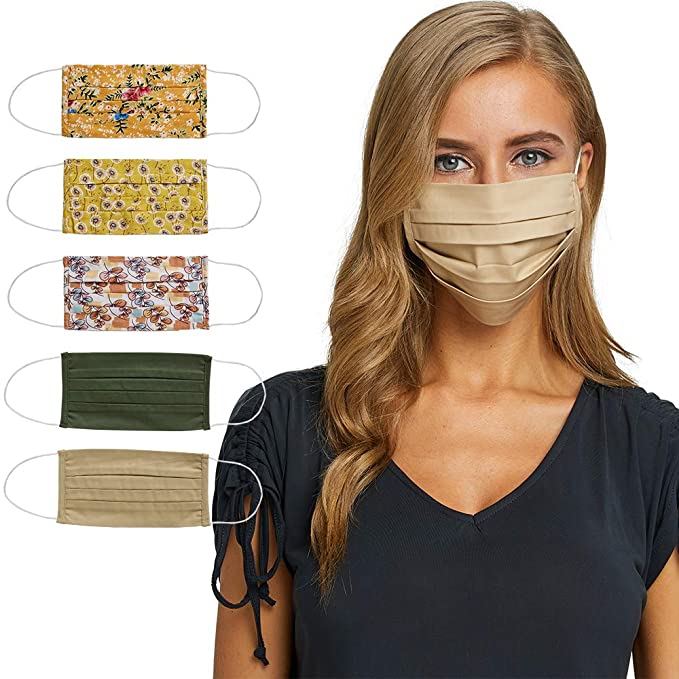 Fashion Washable Reusable Pleated Printed & Solid Mask Set of Five/3 prints & 2 solids/F