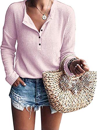 Sherosa Women's Casual Waffle Knit Tunic Tops Loose Button Up Long Sleeve Henley Shirts