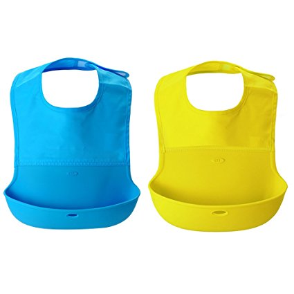 ROLLBIB,Pake of 2,Silicone Baby Bibs With Comfort & Fit Fabric Neck, Infant Drool Burp Cloths, Easy to Roll Up,  Blue & Yellow